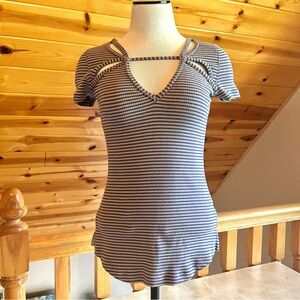 Free People Frenchie Cutout Blue Tan Striped Top 70s Style Size M
